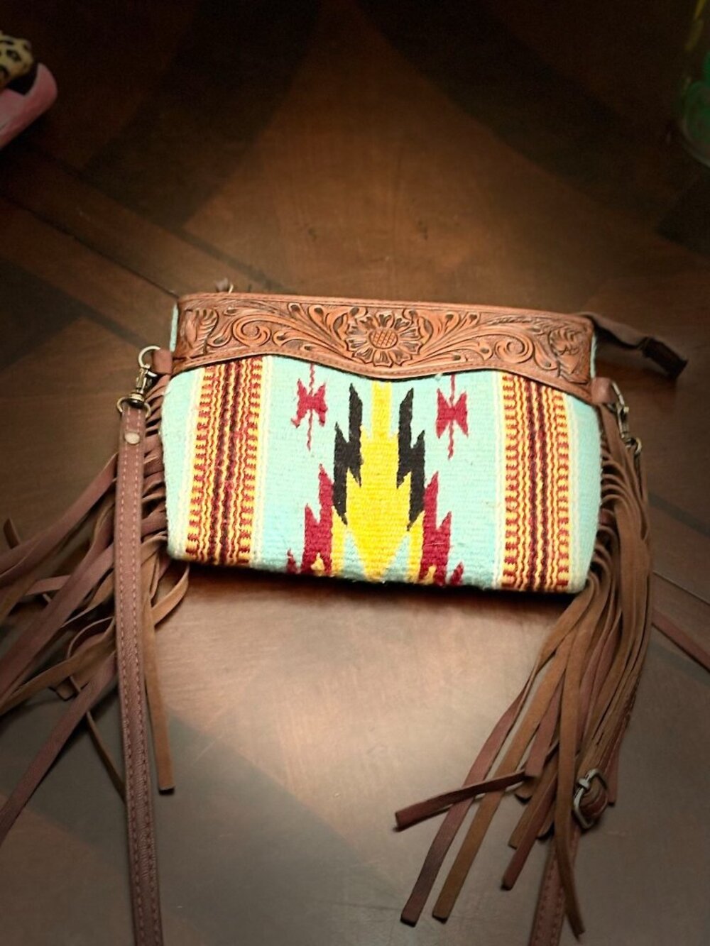 American Darling Hand-Tooled Leather & Saddle Blanket Fringe Crossbody Bag